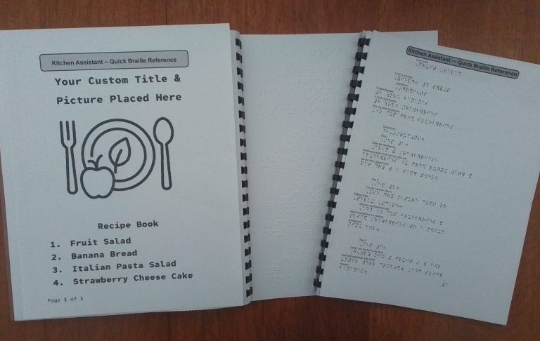 Recipe book to accompany Braille A standalone, black-and-white booklet featuring simulated braille and print in a word-for-word correlation