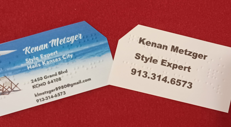 Braille Business Card with full color and braille on the front and large print on the back.